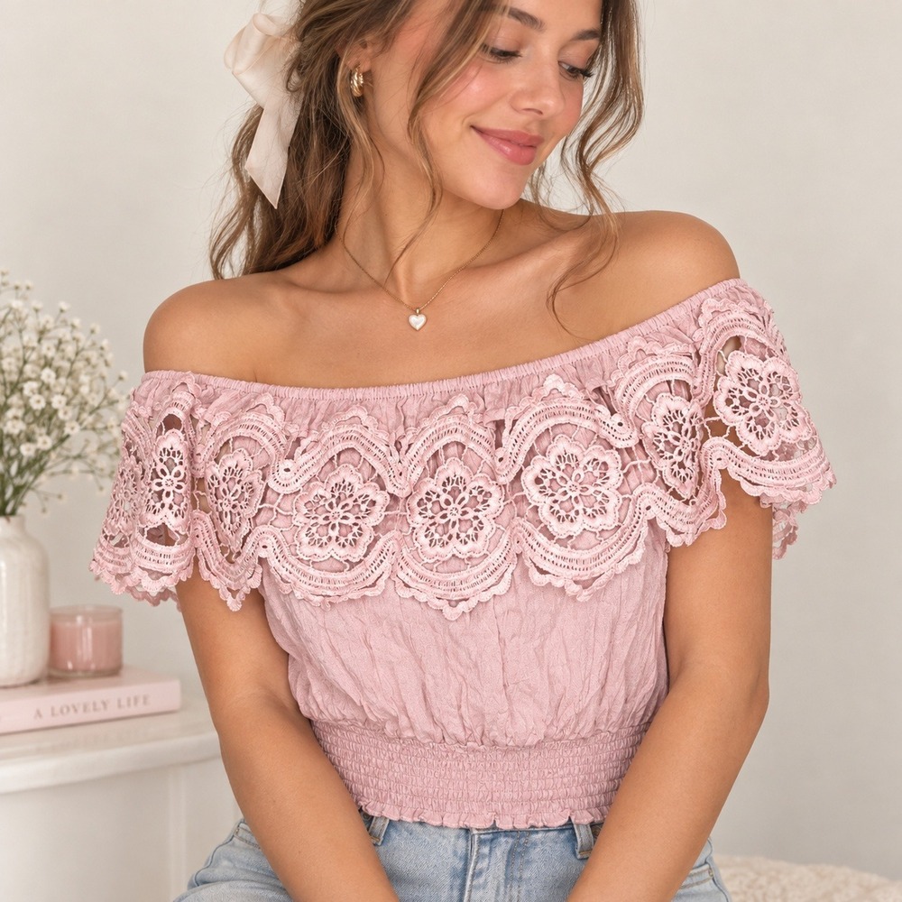 Forever 21 Womens Top Off Shoulder Crochet Lace Smocked Large Pink Boho Romantic